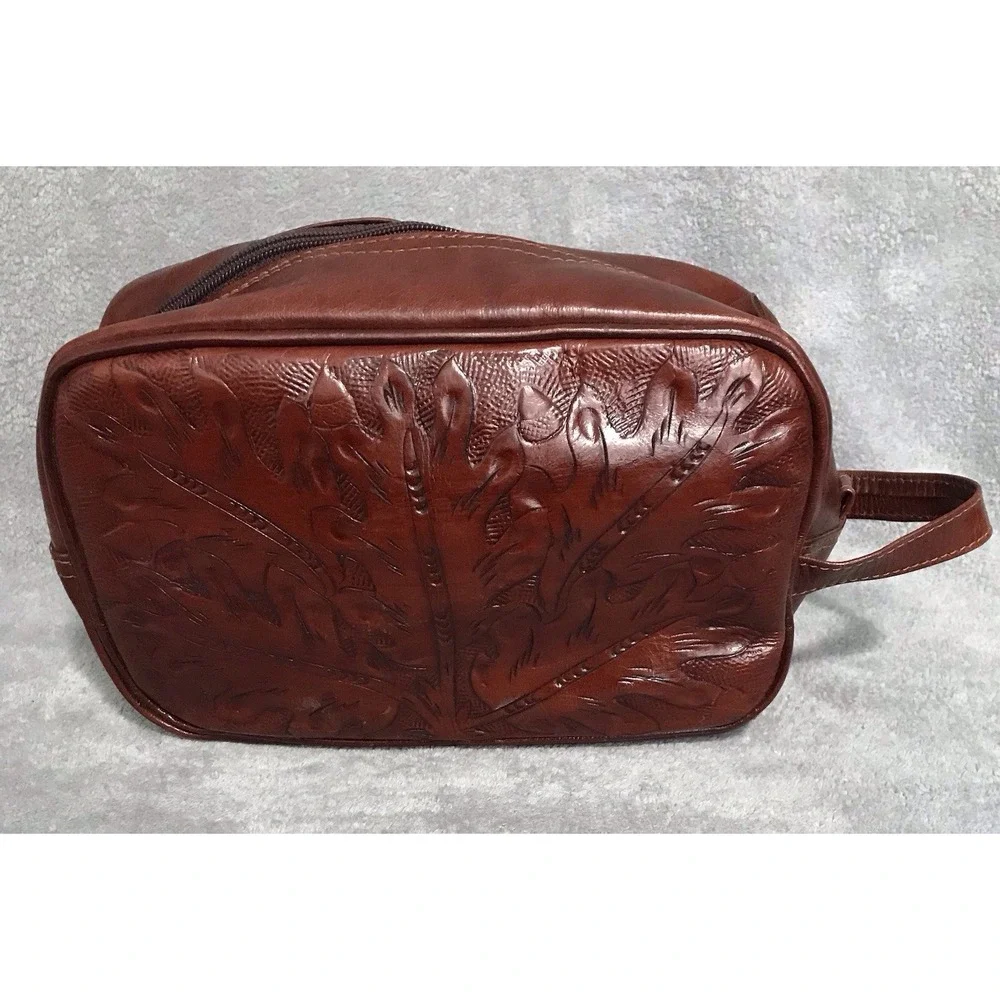 American West Embossed Tooled Leather Toiletry Cosmetic Bag Western Leaf Style